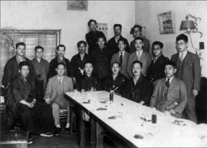 after the 1938 Butokusai with Tatsuo Yamada, Hironori Ohtsuka, Yasuhiro Konishi, Sannosuke Ueshima, Kenwa Mabuni, Gogen Yamaguchi, Neichu So from the book, Jissen Kenka Karateka Retsuden